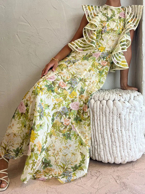 Flounce Dresses- Elegant Floral Flounce Backless Maxi Dress- - Pekosa Women Clothing