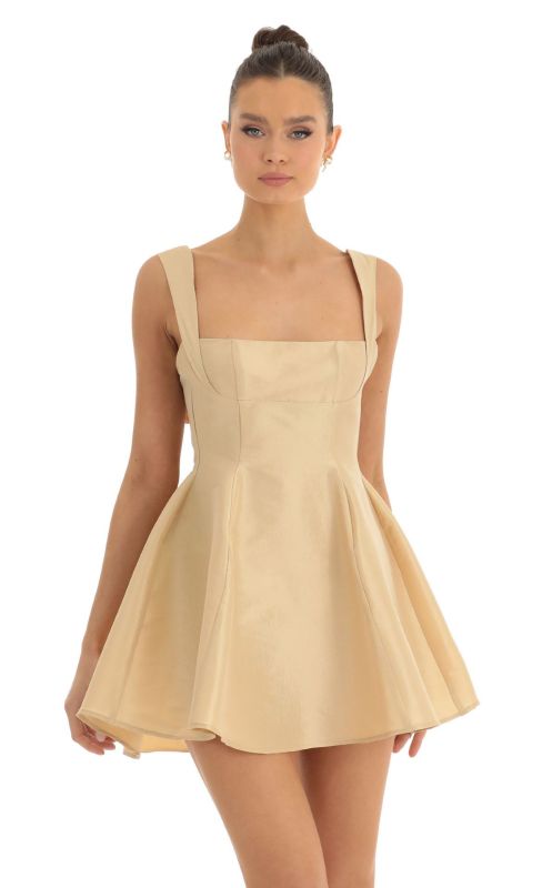 Flowy Dresses- Elegant Silky Bowknot Back Fit & Flare Mini Dress- Beige Khaki- Pekosa Women Clothing