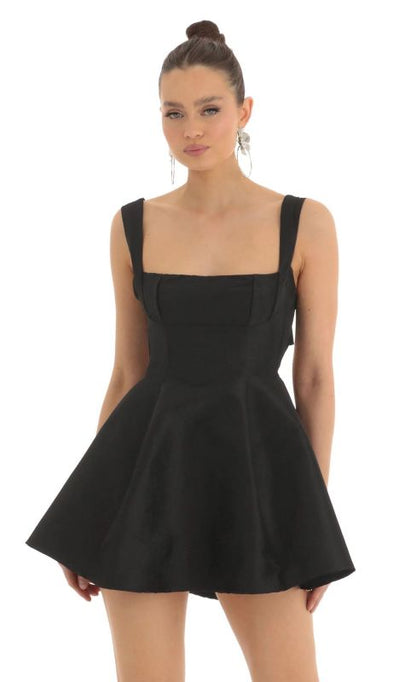Flowy Dresses- Elegant Silky Bowknot Back Fit & Flare Mini Dress- Black- Pekosa Women Clothing