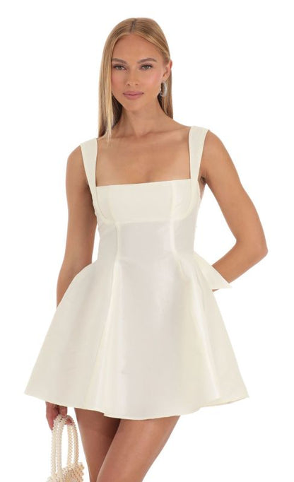 Flowy Dresses- Elegant Silky Bowknot Back Fit & Flare Mini Dress- White- Pekosa Women Clothing