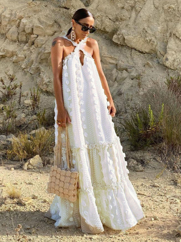 Flowy Maxi Dresses- Flowy Tent Halterneck Flowers Decor Tiered Maxi Dress- White- Pekosa Women Clothing