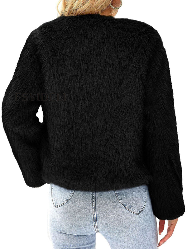 Fluffy Jackets- Fluffy Faux-fur Winter Open Front Fuzzy Jacket- - Pekosa Women Clothing