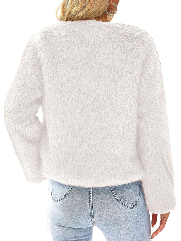 Fluffy Jackets- Fluffy Faux-fur Winter Open Front Fuzzy Jacket- - Pekosa Women Clothing