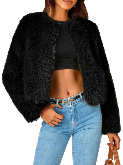 Fluffy Jackets- Fluffy Faux-fur Winter Open Front Fuzzy Jacket- Black- Pekosa Women Clothing