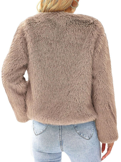 Fluffy Jackets- Fluffy Faux-fur Winter Open Front Fuzzy Jacket- - Pekosa Women Clothing