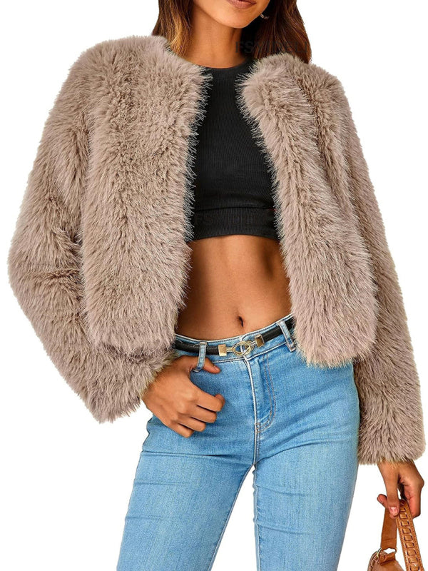 Fluffy Jackets- Fluffy Faux-fur Winter Open Front Fuzzy Jacket- Khaki- Pekosa Women Clothing