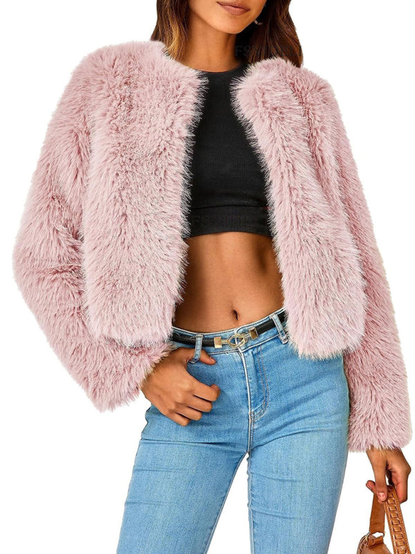 Fluffy Jackets- Fluffy Faux-fur Winter Open Front Fuzzy Jacket- Pink- Pekosa Women Clothing