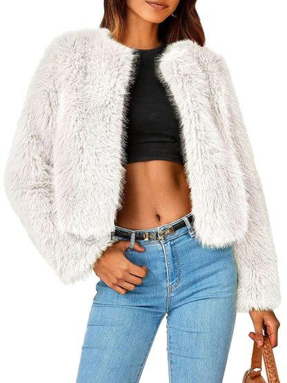 Fluffy Jackets- Fluffy Faux-fur Winter Open Front Fuzzy Jacket- White- Pekosa Women Clothing