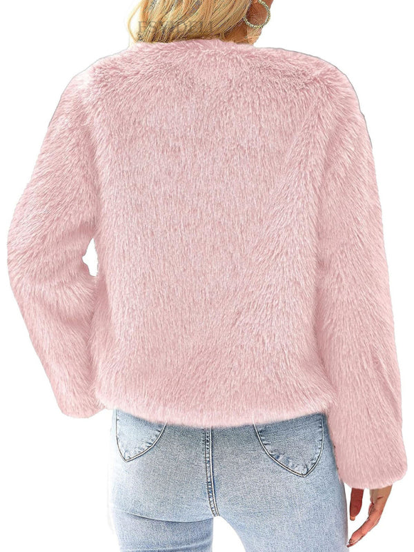 Fluffy Jackets- Fluffy Faux-fur Winter Open Front Fuzzy Jacket- - Pekosa Women Clothing