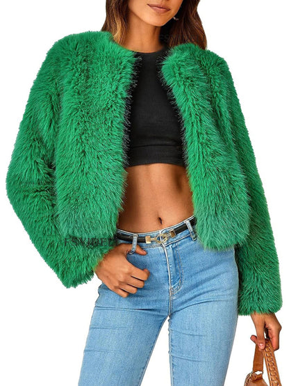 Fluffy Jackets- Fluffy Faux-fur Winter Open Front Fuzzy Jacket- Green- Pekosa Women Clothing