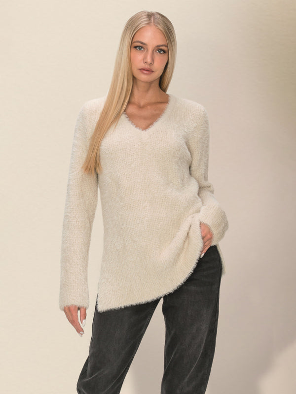 Fluffy Sweaters- Cozy Fluffy Knit Winter Sweater- Cracker khaki- Pekosa Women Clothing