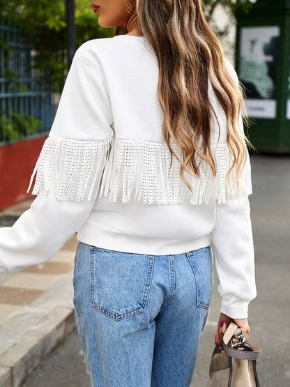 Fringe Sweatshirt- Solid Fringe Long Sleeve Sweatshirt- - Pekosa Women Clothing