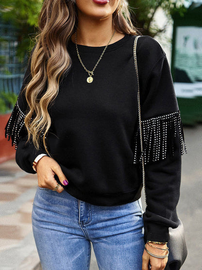 Fringe Sweatshirt- Solid Fringe Long Sleeve Sweatshirt- Black- Pekosa Women Clothing