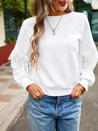 Fringe Sweatshirt- Solid Fringe Long Sleeve Sweatshirt- - Pekosa Women Clothing