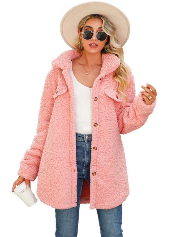 Fuzzy Jackets- Fuzzy Mid-Length Collar Oversized Faux Shearling Jacket- - Pekosa Women Clothing