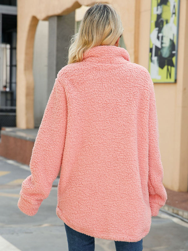 Fuzzy Jackets- Fuzzy Mid-Length Collar Oversized Faux Shearling Jacket- - Pekosa Women Clothing