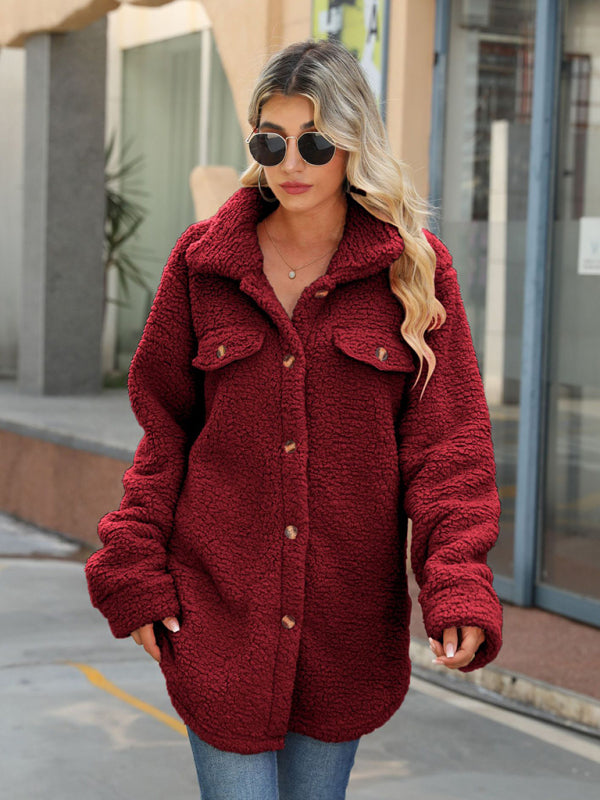 Fuzzy Jackets- Fuzzy Mid-Length Collar Oversized Faux Shearling Jacket- Wine Red- Pekosa Women Clothing