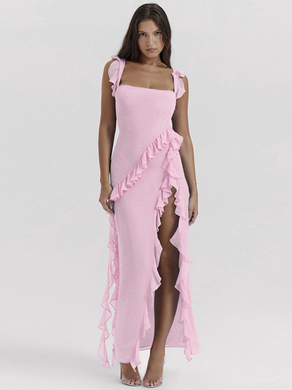 Gown- Ruffle Side Slit Dress- Pink- Pekosa Women Clothing