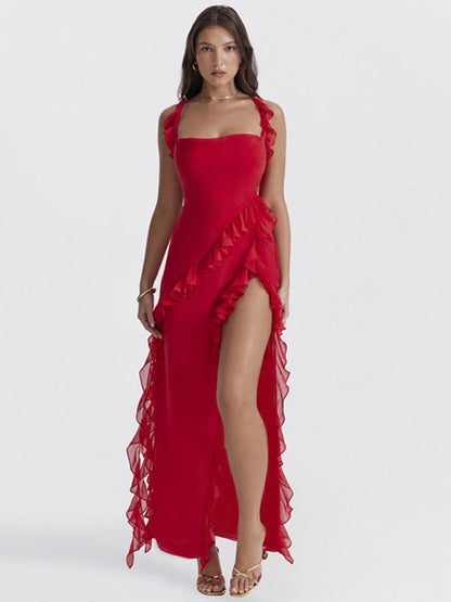 Gown- Ruffle Side Slit Dress- Red- Pekosa Women Clothing