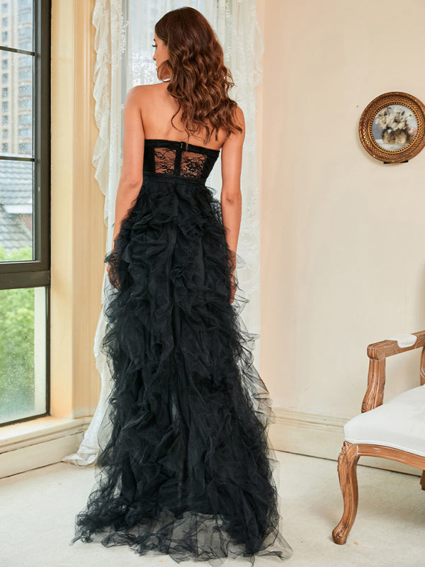 Gowns- Overlay Ruffle Tulle Brush Train Corset Slit Gown Dress- - Pekosa Women Clothing