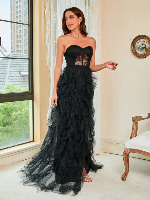 Gowns- Overlay Ruffle Tulle Brush Train Corset Slit Gown Dress- - Pekosa Women Clothing