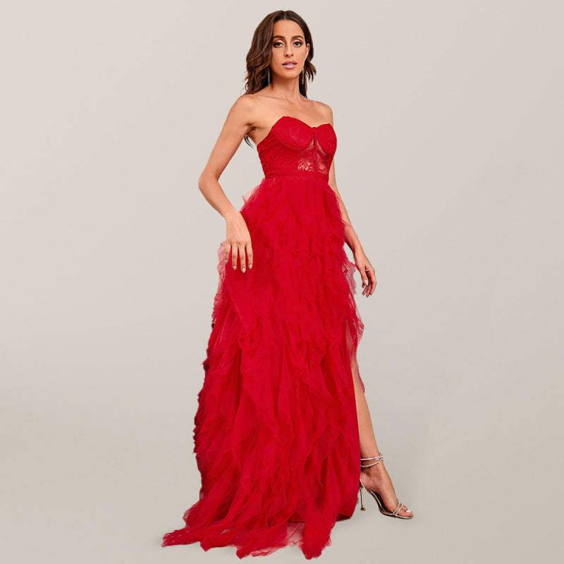 Gowns- Overlay Ruffle Tulle Brush Train Corset Slit Gown Dress- Red- Pekosa Women Clothing