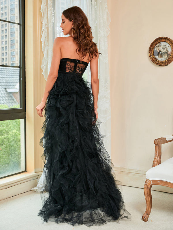 Gowns- Overlay Ruffle Tulle Brush Train Corset Slit Gown Dress- - Pekosa Women Clothing