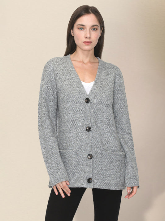 Grandpa Cardigans- Wool Blend Knit Sweater Grandpa Cardigan- Grey- Pekosa Women Clothing