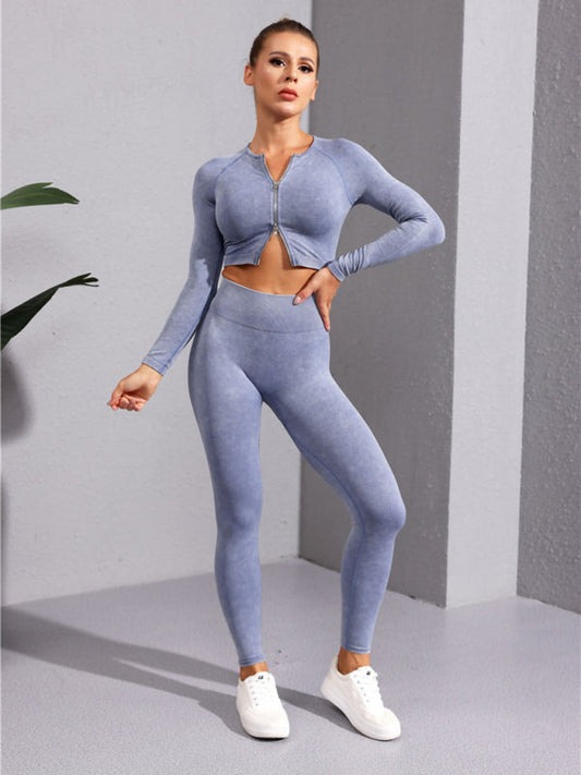 Gym Jacket- Gym Solid Stretchy Zip-Up Crop Cardigan for Women- Blue grey- Pekosa Women Fashion