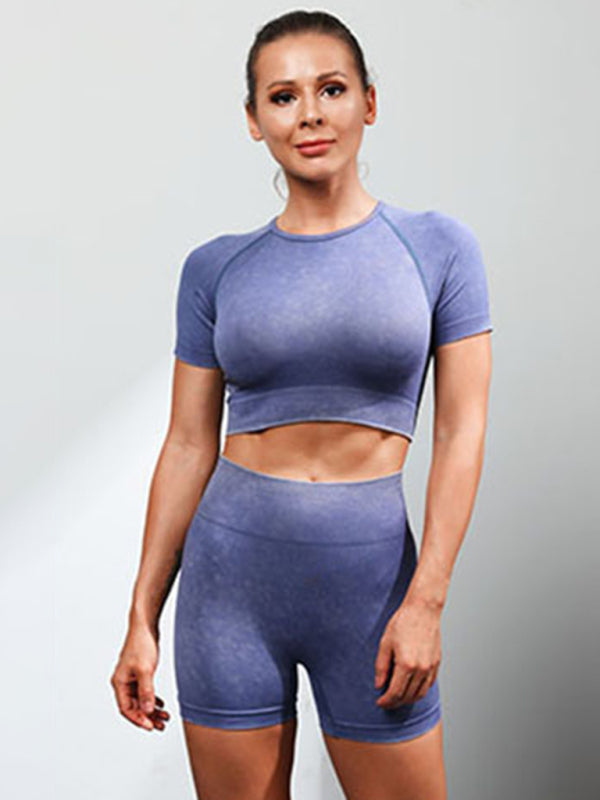 Gym Outfits- Solid Stretchy Tight Workout Crop Tee & Shorts - 2 Piece Gym Set- Blue- Pekosa Women Fashion