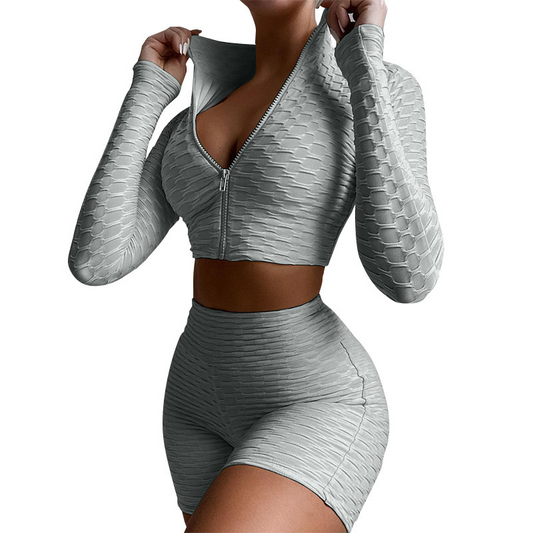 Gym Outfits- Textured Sporty Butt-Lifting Shorts + Zip-Up Long Sleeve Top- Grey- Pekosa Women Clothing