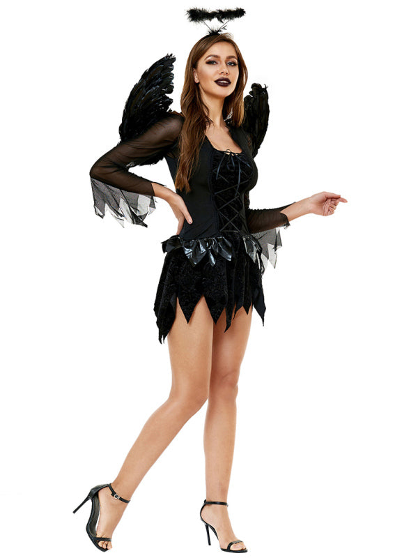 Halloween Cosplay- Devious Dark Angel: Costume Dress, Halo Wings - Halloween Mystique- - Pekosa Women Clothing
