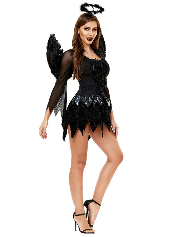 Halloween Cosplay- Devious Dark Angel: Costume Dress, Halo Wings - Halloween Mystique- - Pekosa Women Clothing