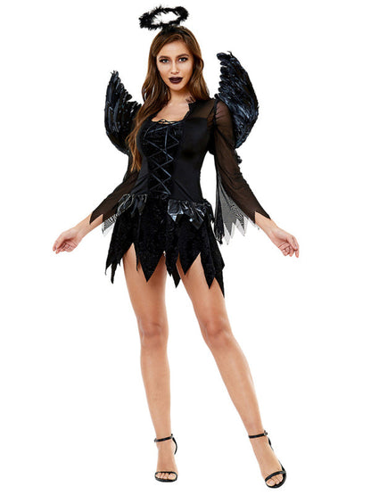 Halloween Cosplay- Devious Dark Angel: Costume Dress, Halo Wings - Halloween Mystique- Black- Pekosa Women Clothing