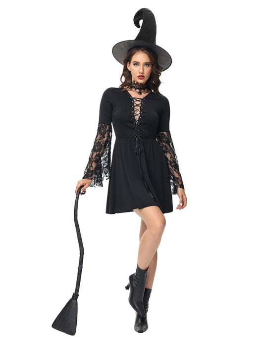Halloween Cosplay- Halloween Cosplay Set: Witch Dress + Hat- Black- Pekosa Women Clothing