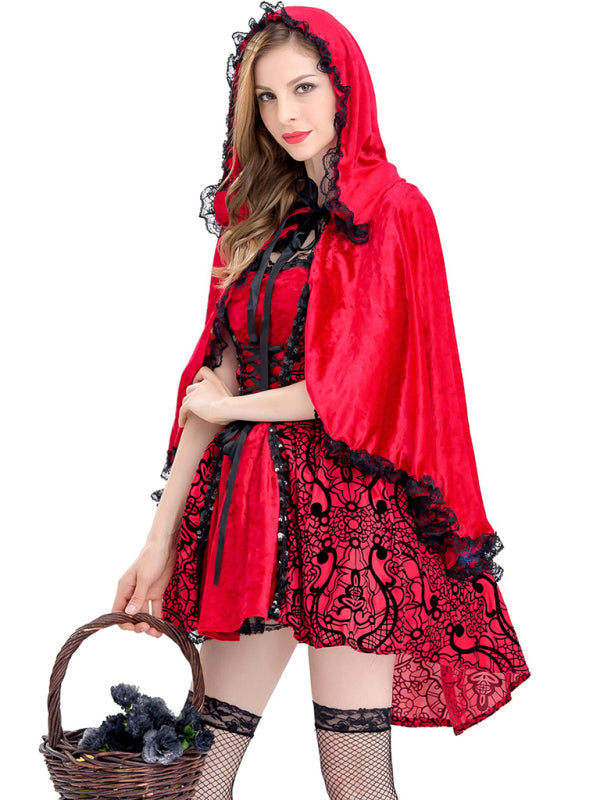 Halloween Costume- Red Riding Hood Cosplay Costume: Dress & Cape for Halloween Glamour- - Pekosa Women Clothing