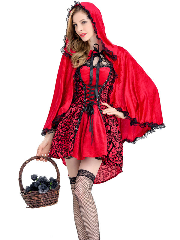 Halloween Costume- Red Riding Hood Cosplay Costume: Dress & Cape for Halloween Glamour- - Pekosa Women Clothing