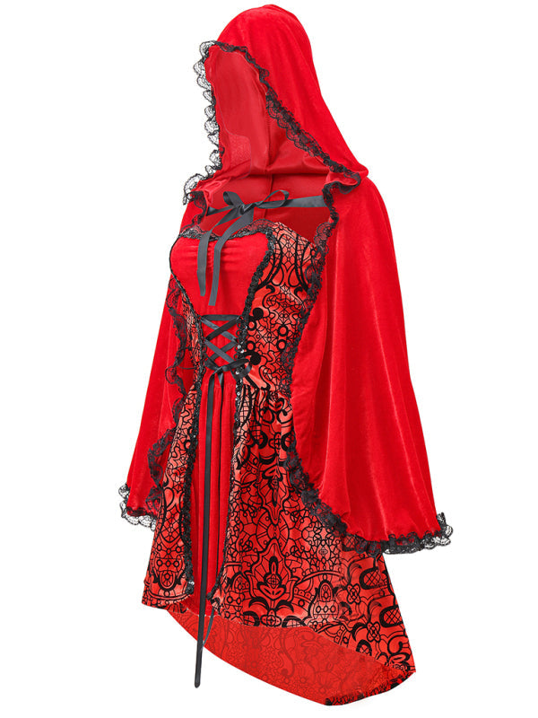 Halloween Costume- Red Riding Hood Cosplay Costume: Dress & Cape for Halloween Glamour- - Pekosa Women Clothing