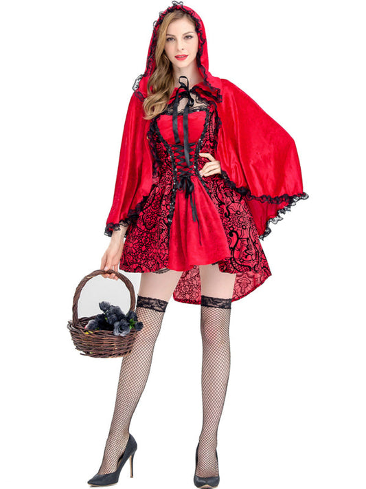 Halloween Costume- Red Riding Hood Cosplay Costume: Dress & Cape for Halloween Glamour- Red- Pekosa Women Clothing
