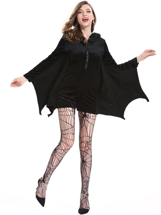 Halloween Costume- Spooktacular Vampire Look: Gothic Plush Hooded Bat Costume- Black- Pekosa Women Clothing