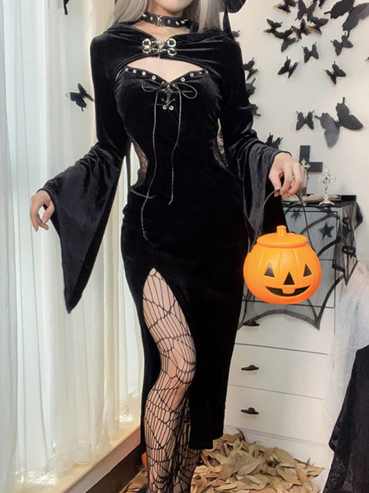 Halloween Dresses- Goth Velvet High Split Dress - Witchy Elegance, Adams Family Inspired- Black- Pekosa Women Clothing