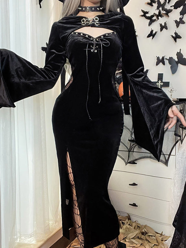 Halloween Dresses- Goth Velvet High Split Dress - Witchy Elegance, Adams Family Inspired- - Pekosa Women Clothing