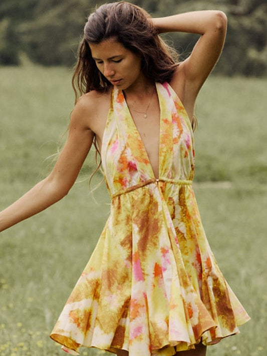Halter Dresses- Vacation Look with a Plunging Halter Sundress- Yellow- Pekosa Women Clothing