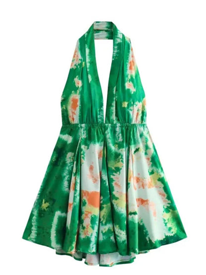 Halter Dresses- Vacation Look with a Plunging Halter Sundress- Green- Pekosa Women Clothing