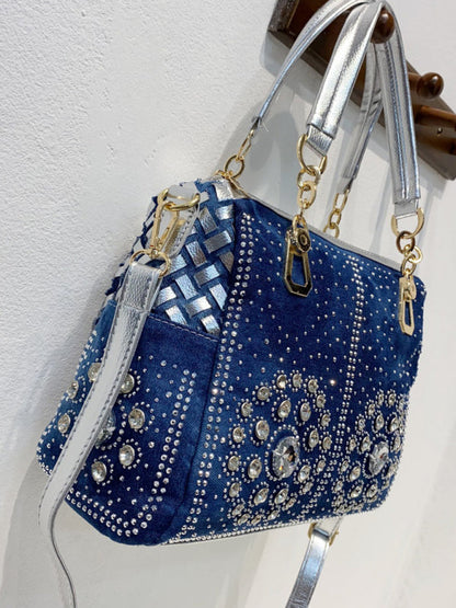 Handbags- Beaded Denim Crossbody Tote Bag with Golden Touch- - Pekosa Women Fashion