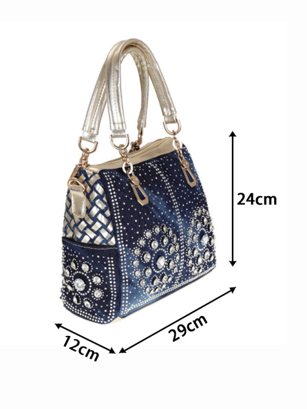 Handbags- Beaded Denim Crossbody Tote Bag with Golden Touch- - Pekosa Women Fashion