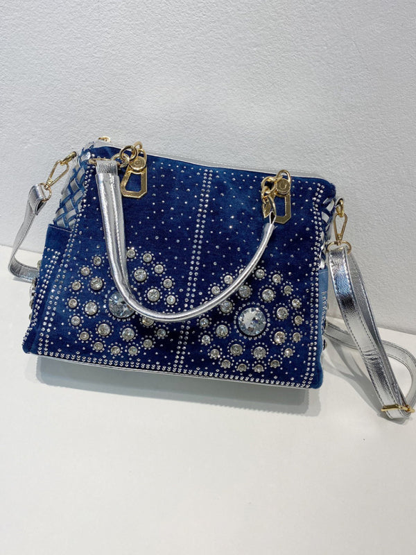 Handbags- Beaded Denim Crossbody Tote Bag with Golden Touch- - Pekosa Women Fashion