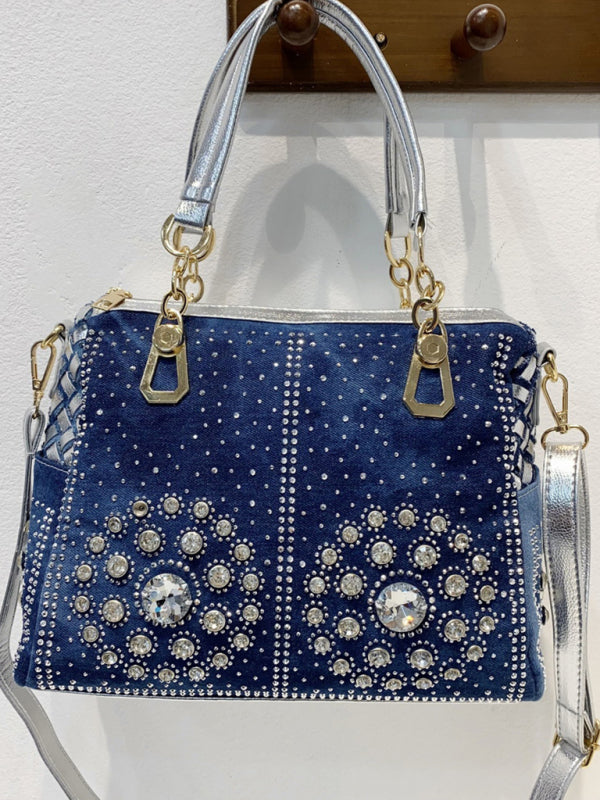 Handbags- Beaded Denim Crossbody Tote Bag with Golden Touch- - Pekosa Women Fashion