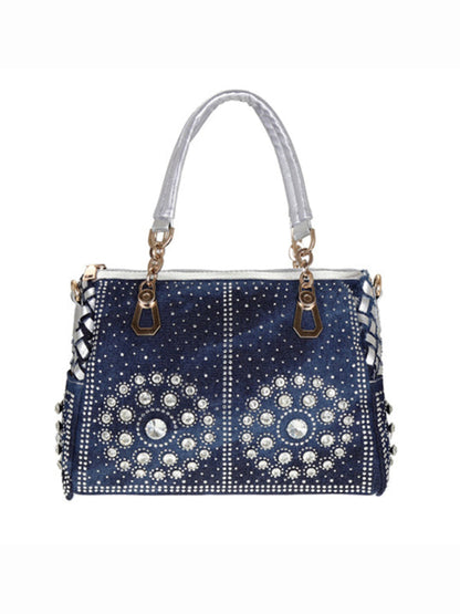 Handbags- Beaded Denim Crossbody Tote Bag with Golden Touch- Silver grey- Pekosa Women Fashion