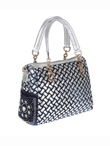 Handbags- Beaded Denim Crossbody Tote Bag with Golden Touch- - Pekosa Women Fashion